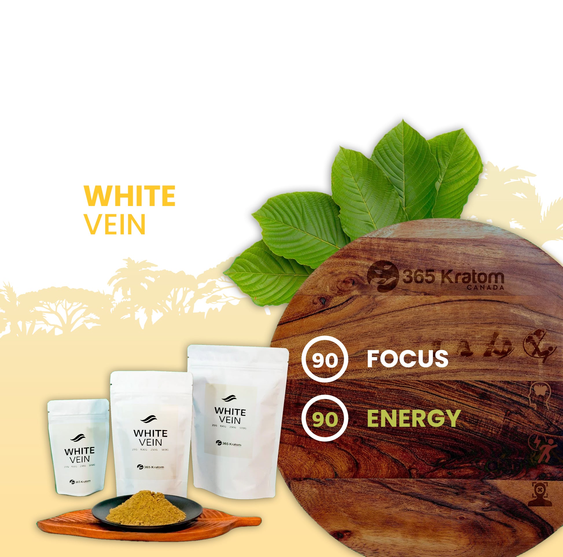 White Vein Kratom product display with focus and energy ratings, showcasing the benefits of white vein kratom.